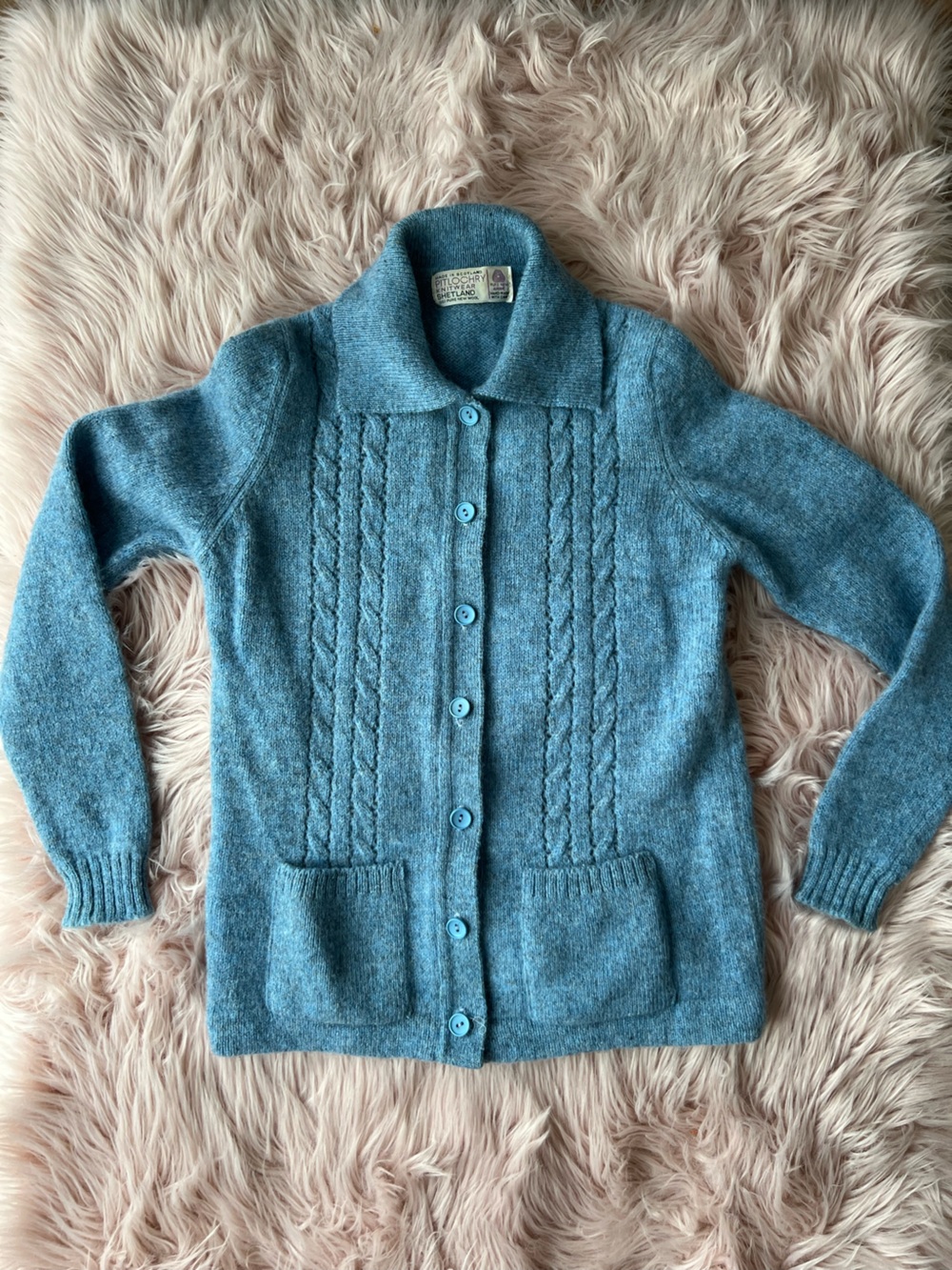 Vintage 100% Wool Button-Front Blue Cardigan Made in Scotland